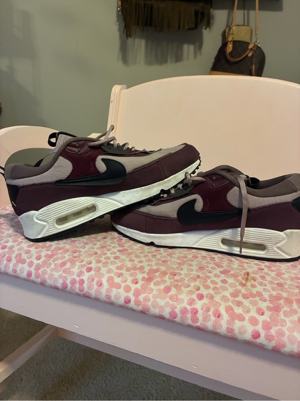 Nike Women’s Burgundy and Gray Running Sneakers with Black Swoosh